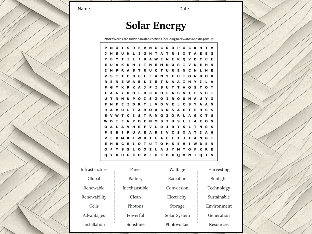 Solar Energy Word Search Puzzle Worksheet Activity Teaching 