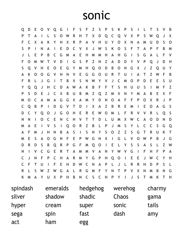 Sonic The Hedgehog Word Search Printable