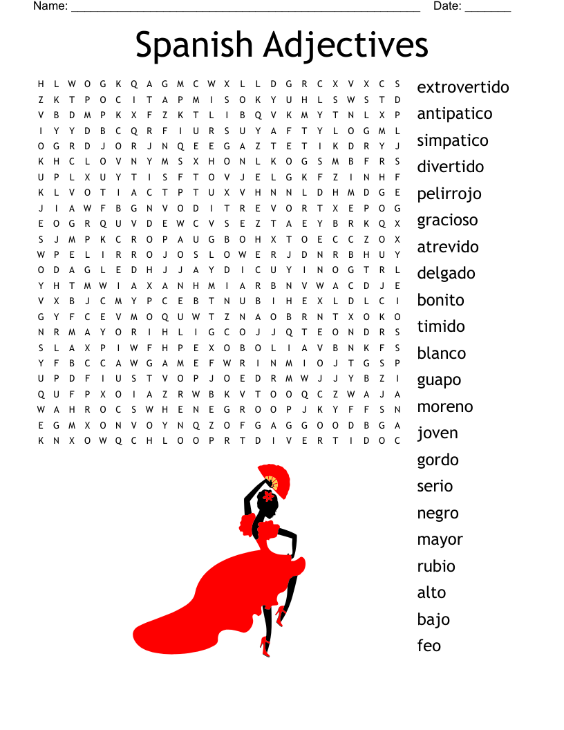 Spanish Adjectives Word Search WordMint