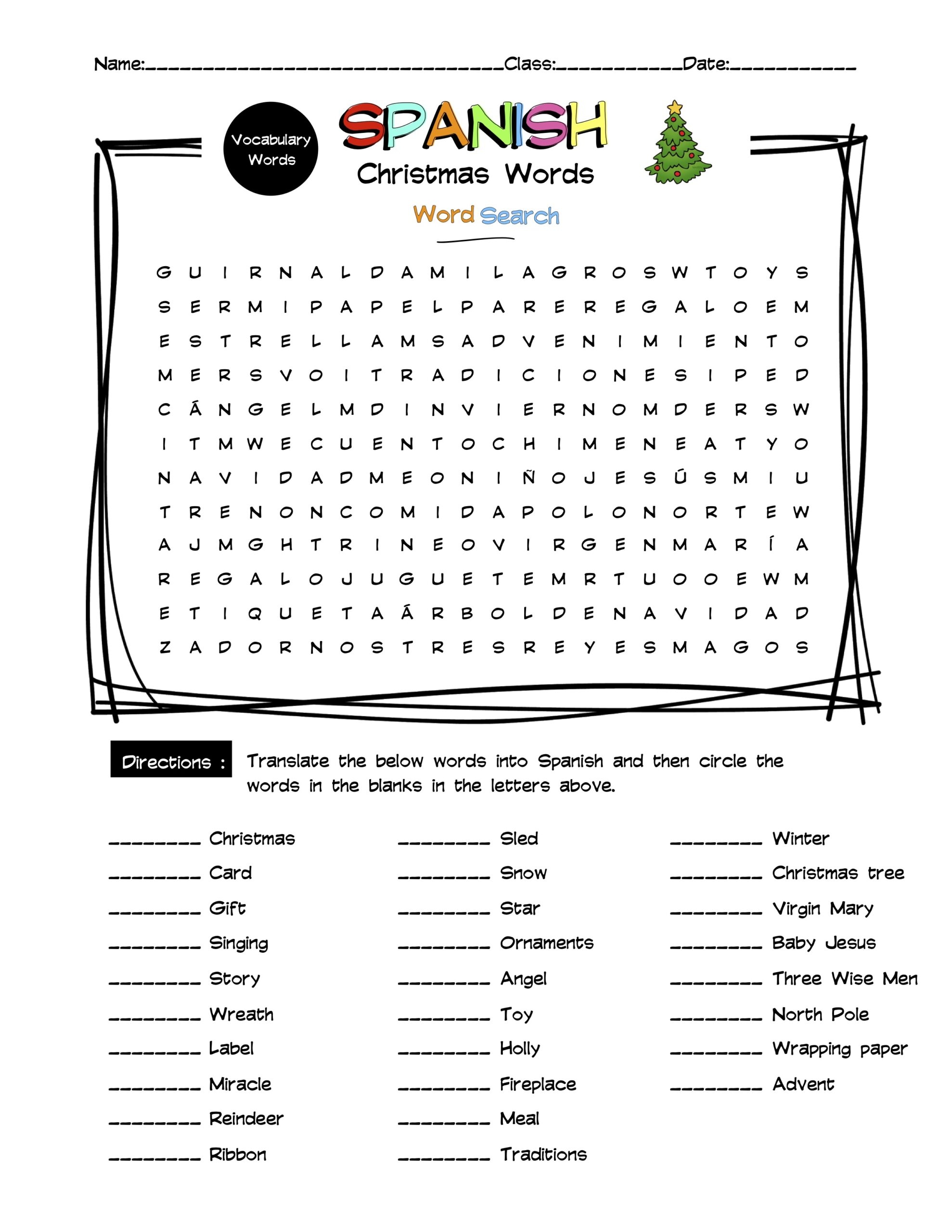 Spanish Christmas Vocabulary Word Search U0026 Answer Key Made By 