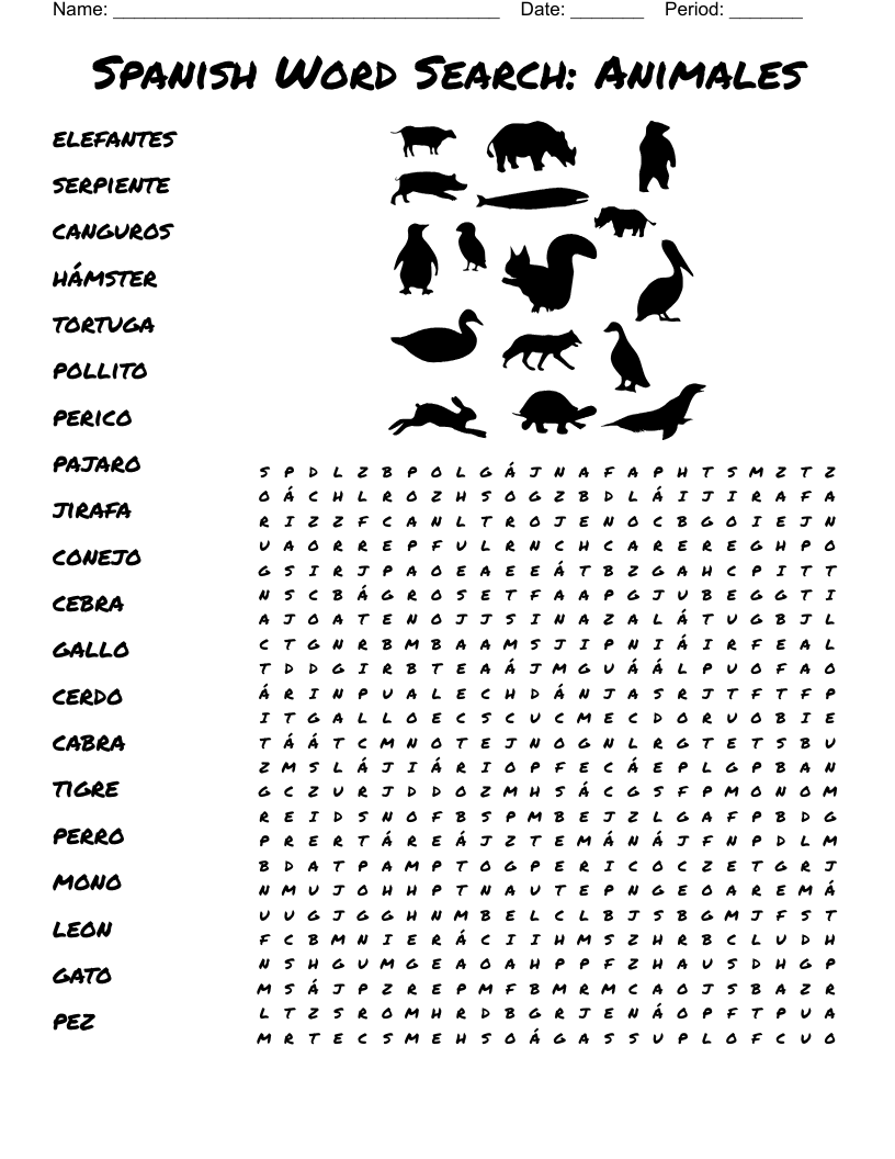 Spanish Word Search Animales WordMint
