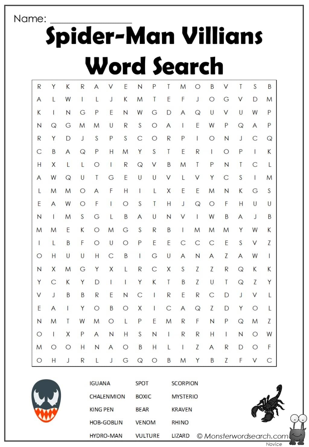 Spider Man Villians Word Search Monster Word Search