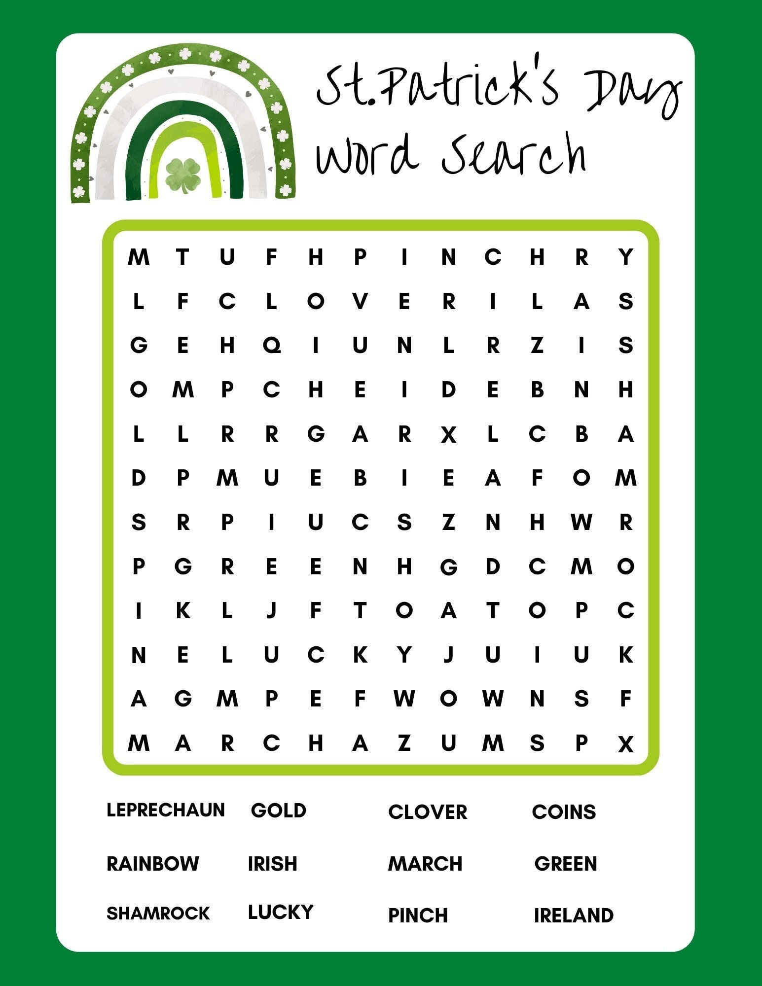 St Patrick s Day Word Search Printable Instant Download PDF Etsy
