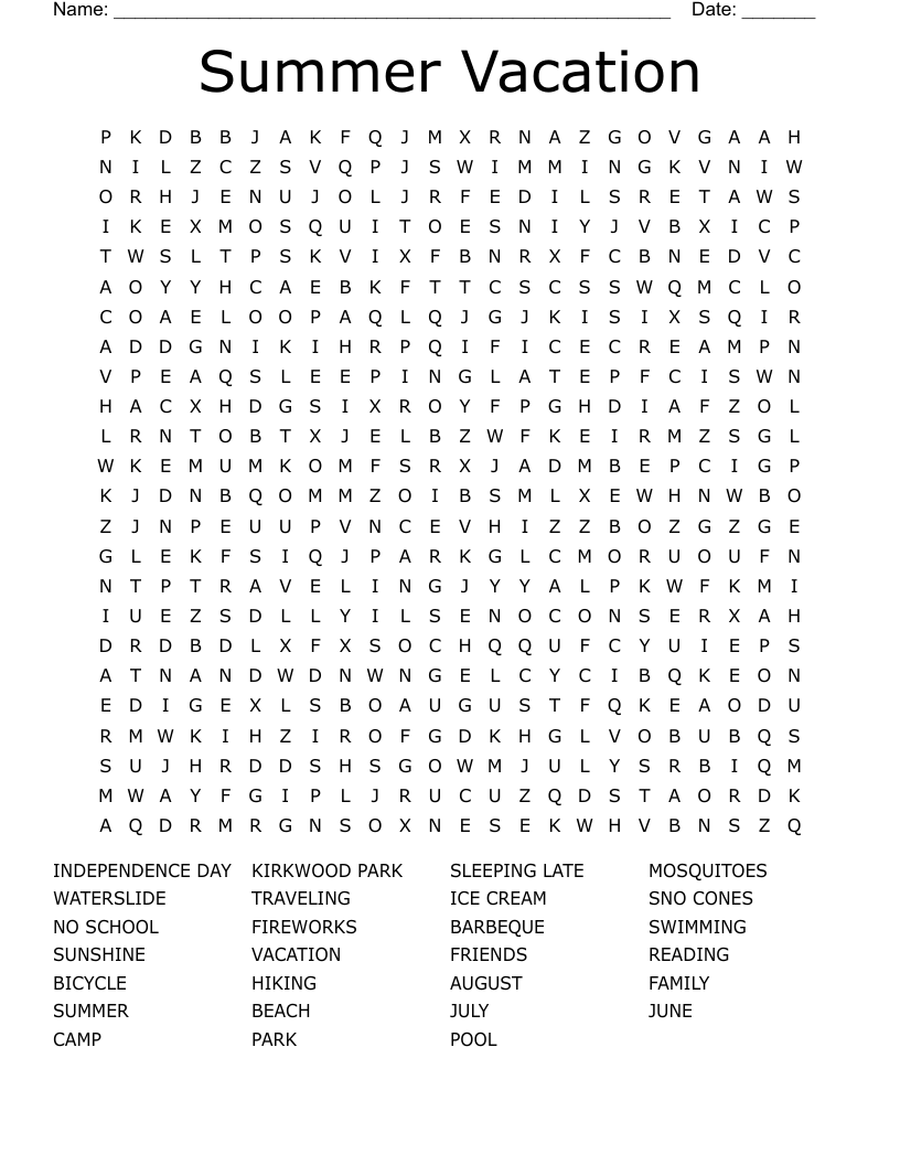 Summer Vacation Word Search WordMint
