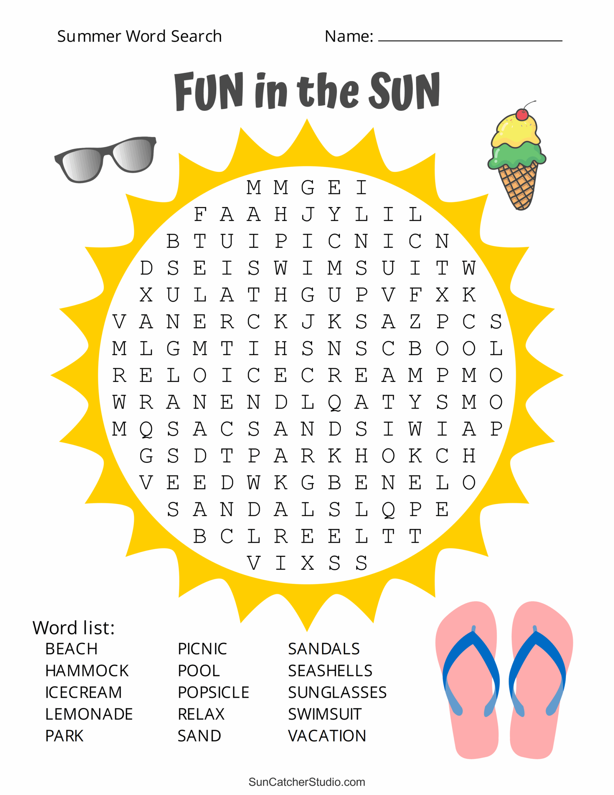 Sun Word Search Printable