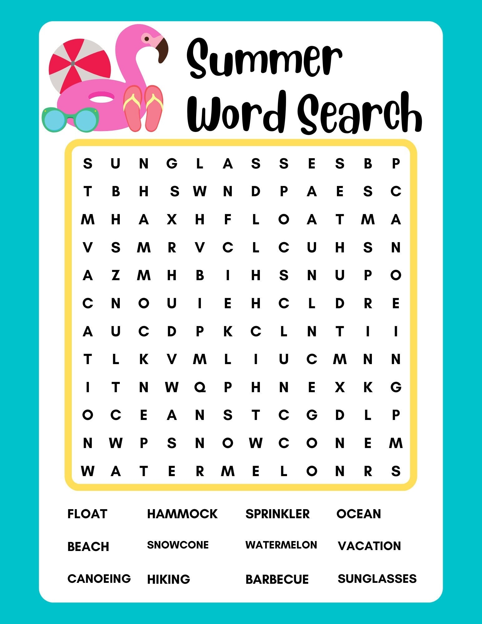 Word Search Printable Summer