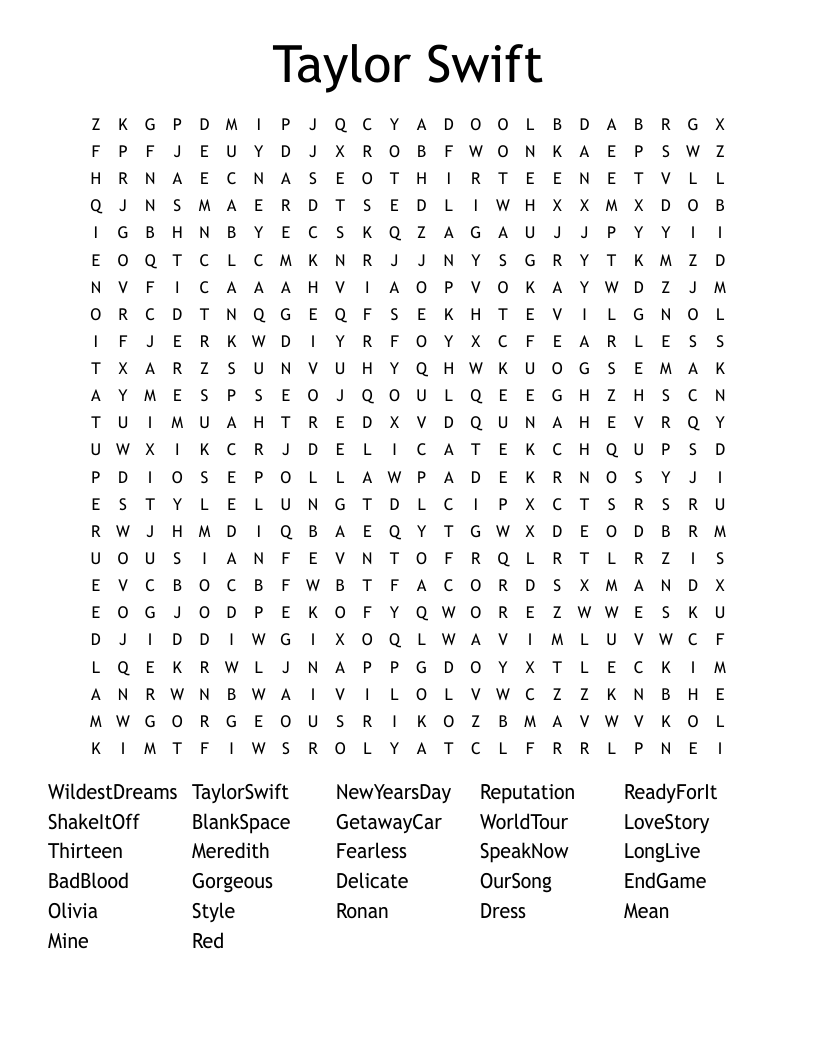 Taylor Swift Word Search WordMint