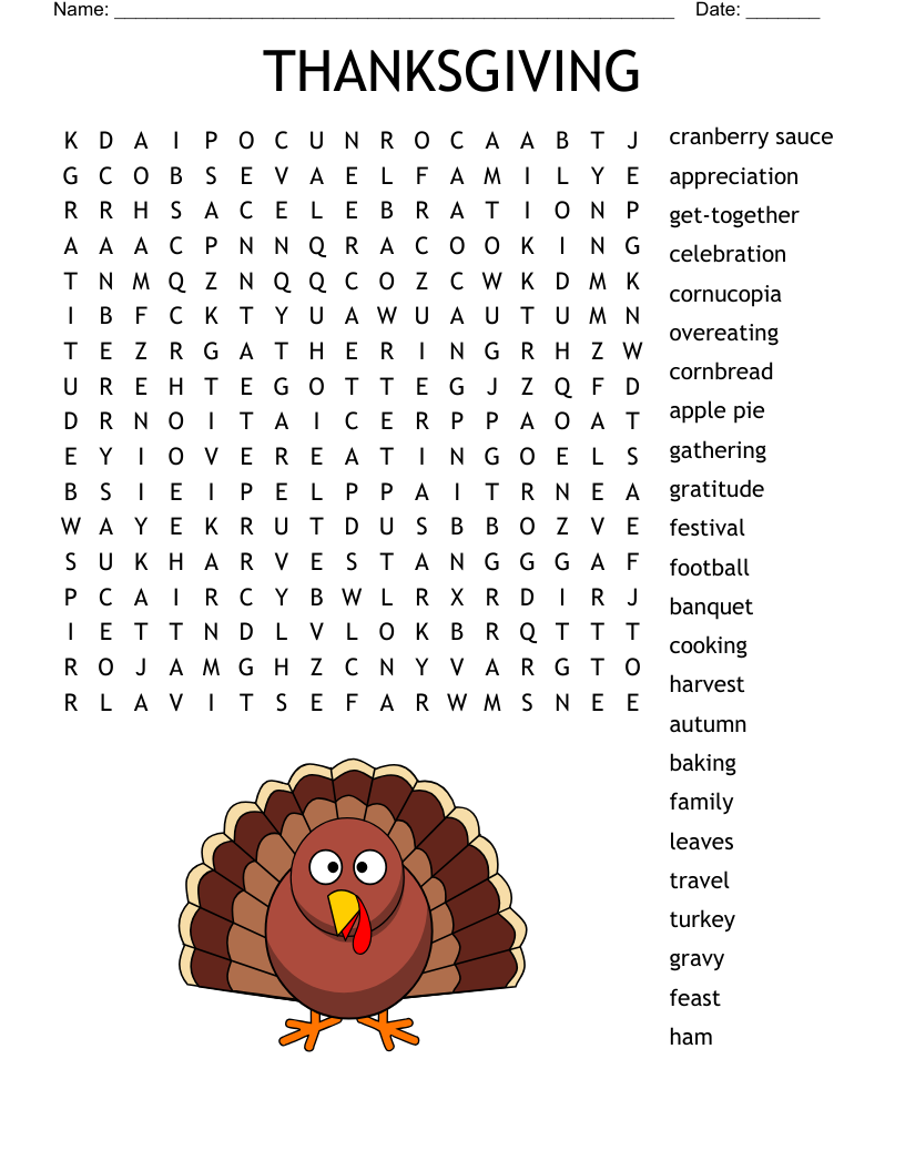 Thanksgiving Word Search Hard Printable