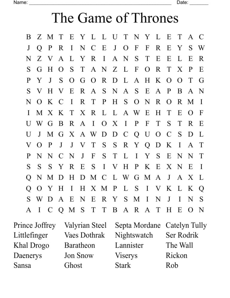 The Game Of Thrones Word Search WordMint