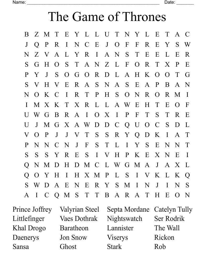 The Game Of Thrones Word Search WordMint