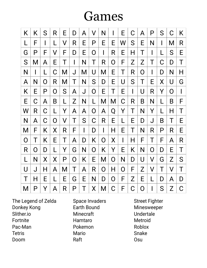 Printable Word Search Zelda