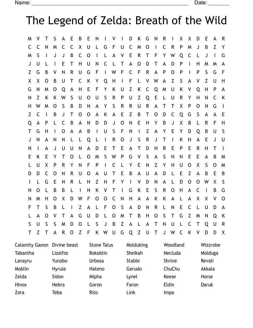 The Legend Of Zelda Breath Of The Wild Word Search WordMint