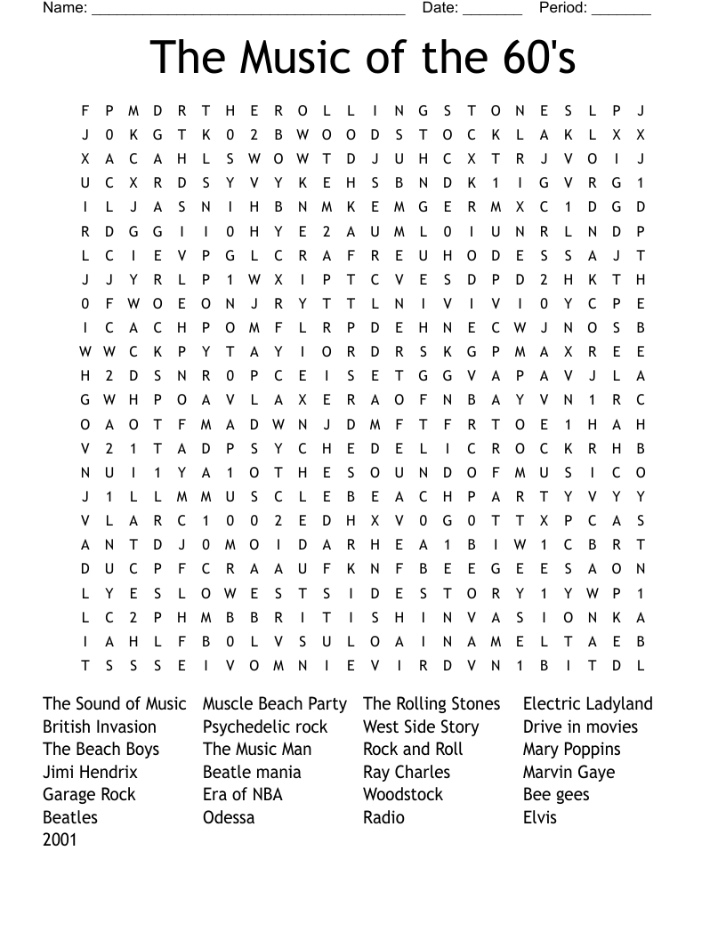 The Music Of The 60 s Word Search WordMint