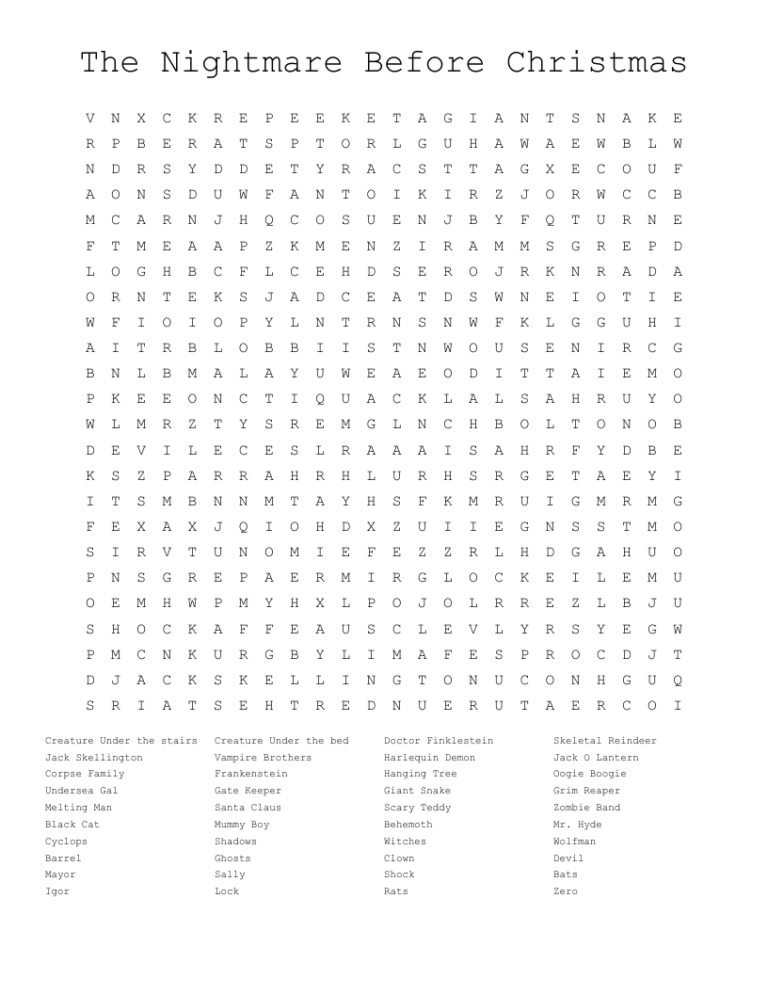 The Nightmare Before Christmas Word Search WordMint