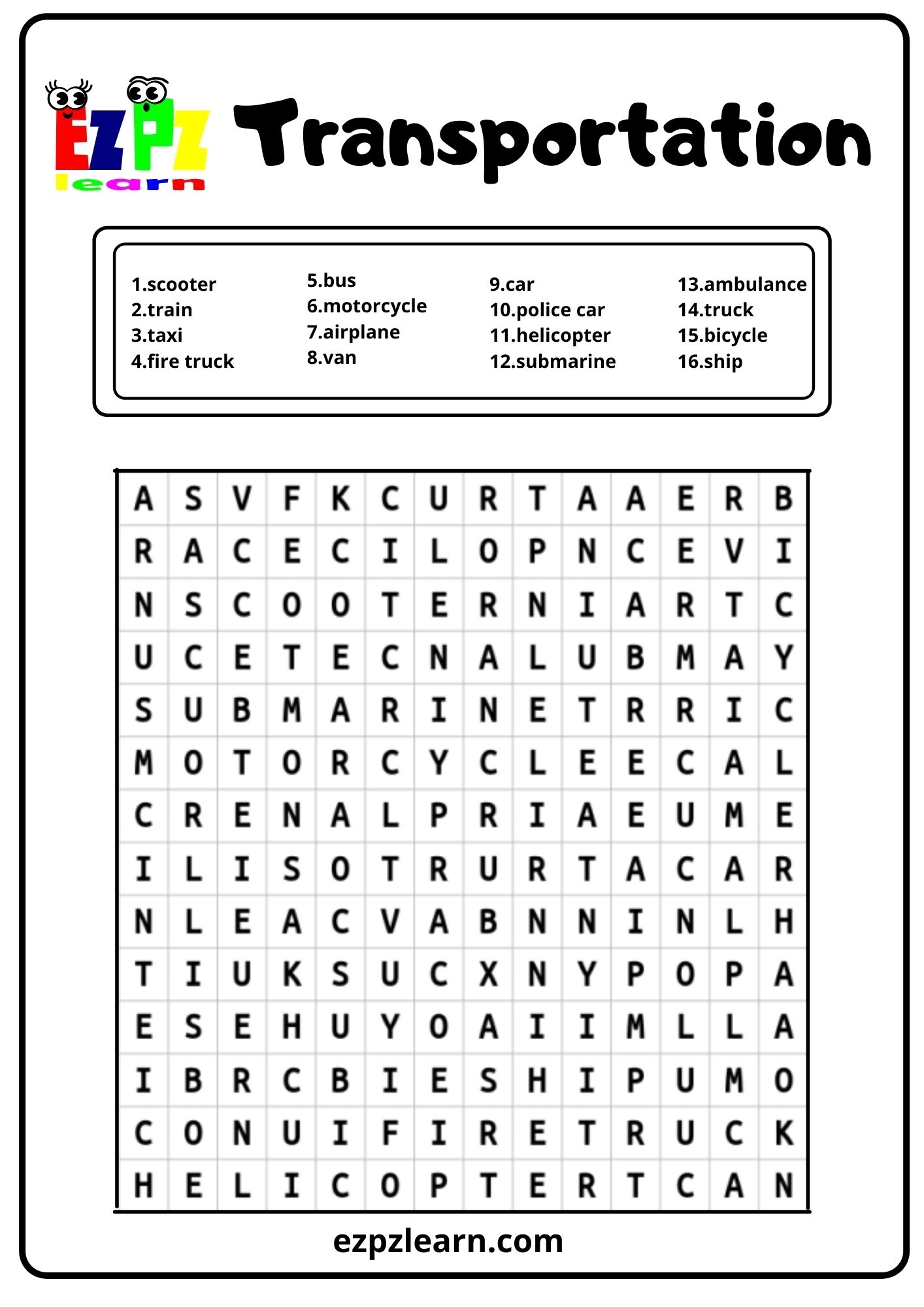 Transportation Word Search Ezpzlearn