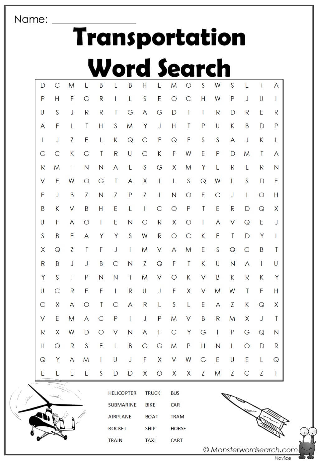Transportation Word Search Monster Word Search