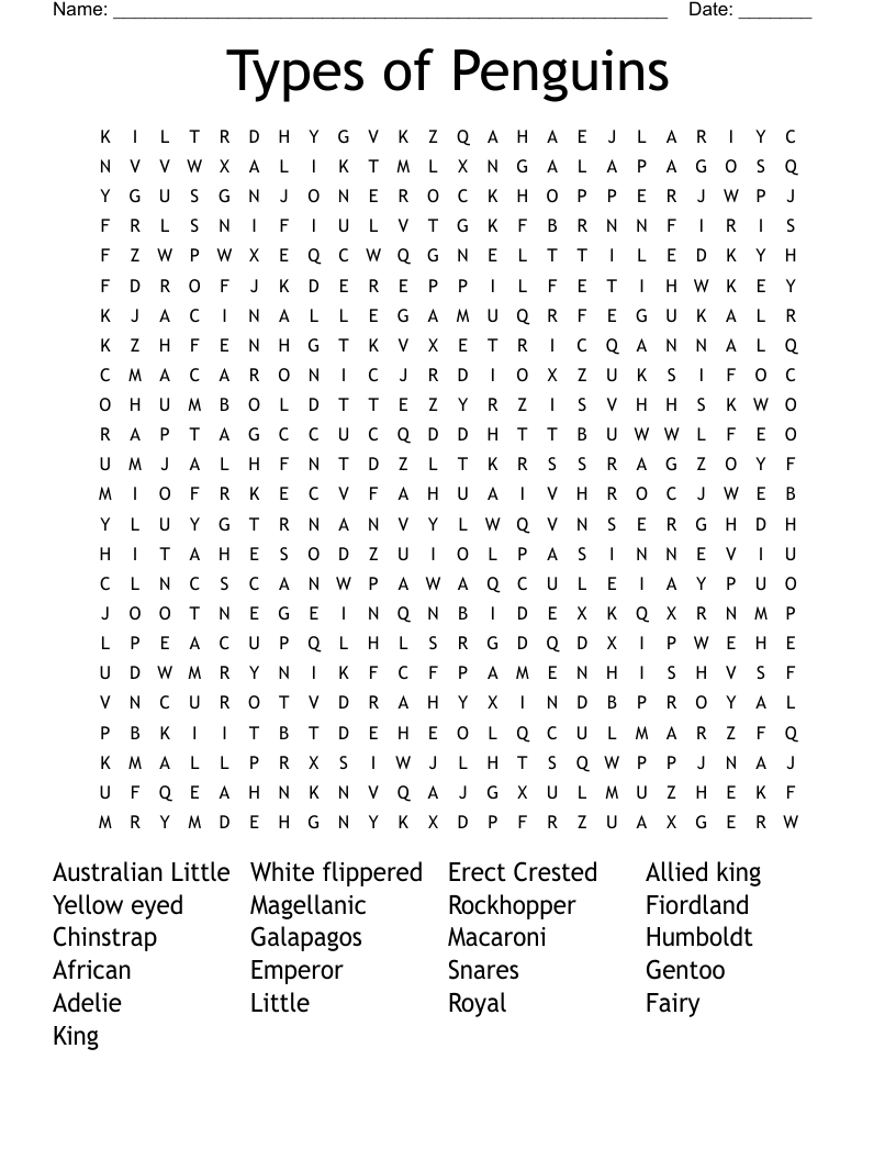 Types Of Penguins Word Search WordMint