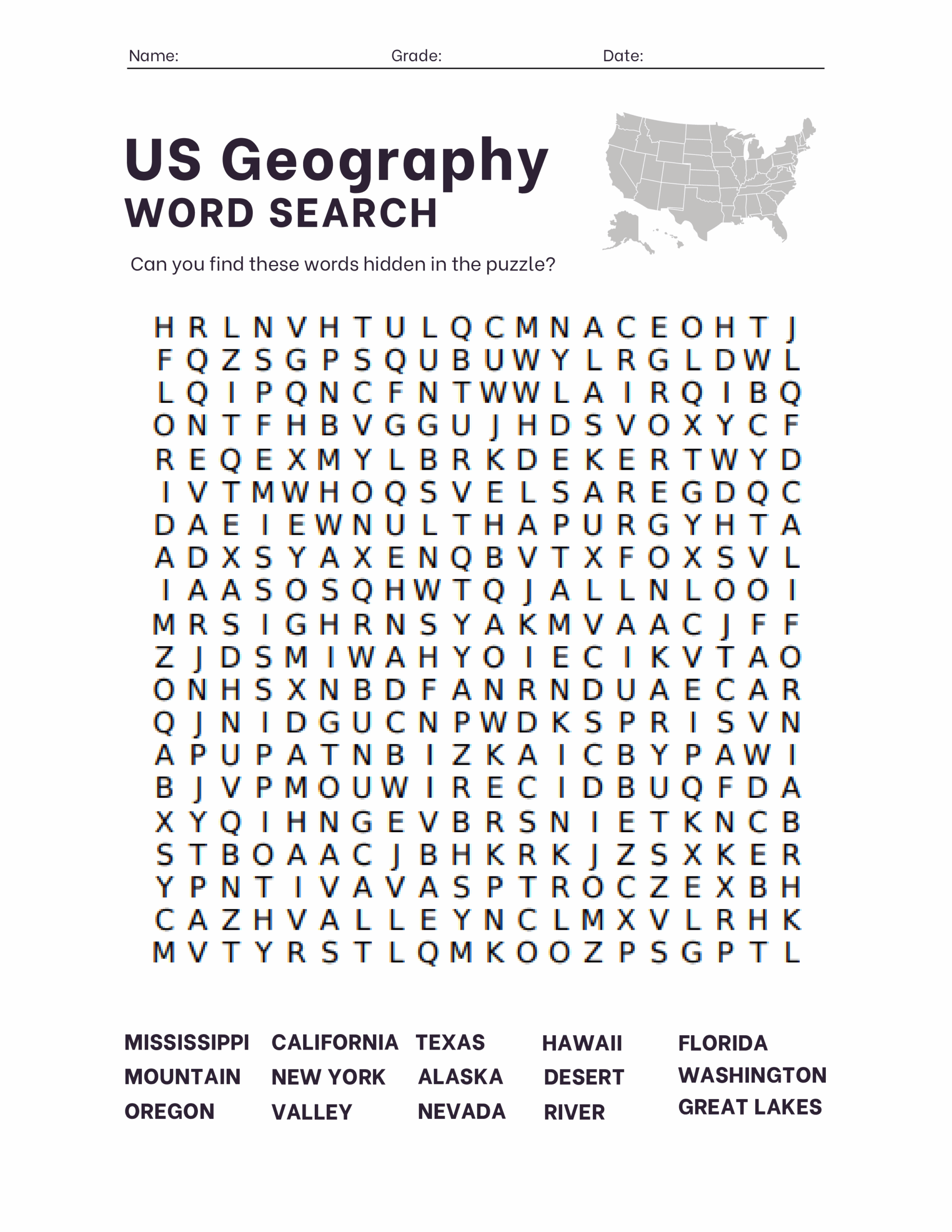 Printable United States Word Search