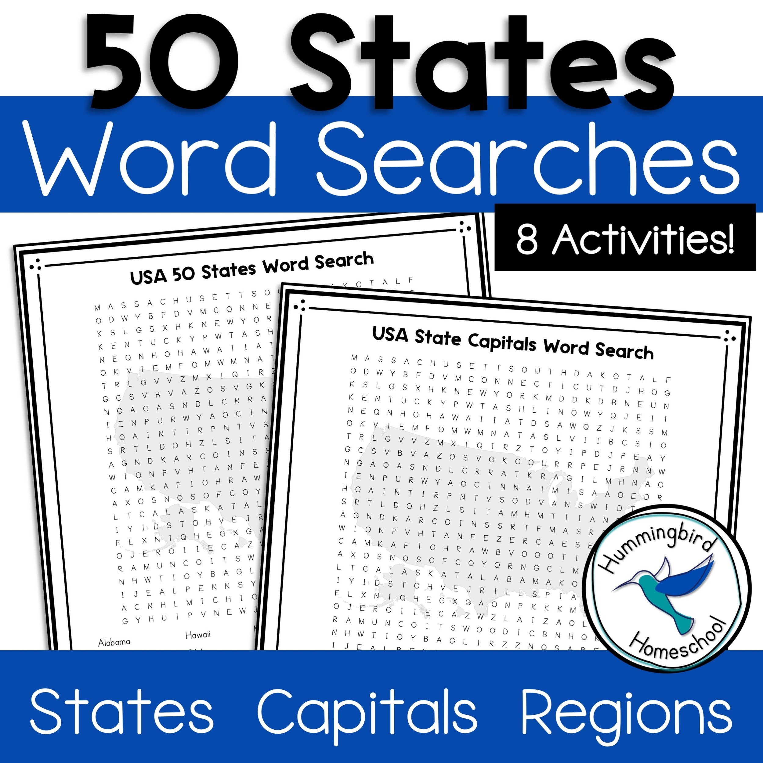 USA 50 States Word Search PDFs Hummingbird Homeschool