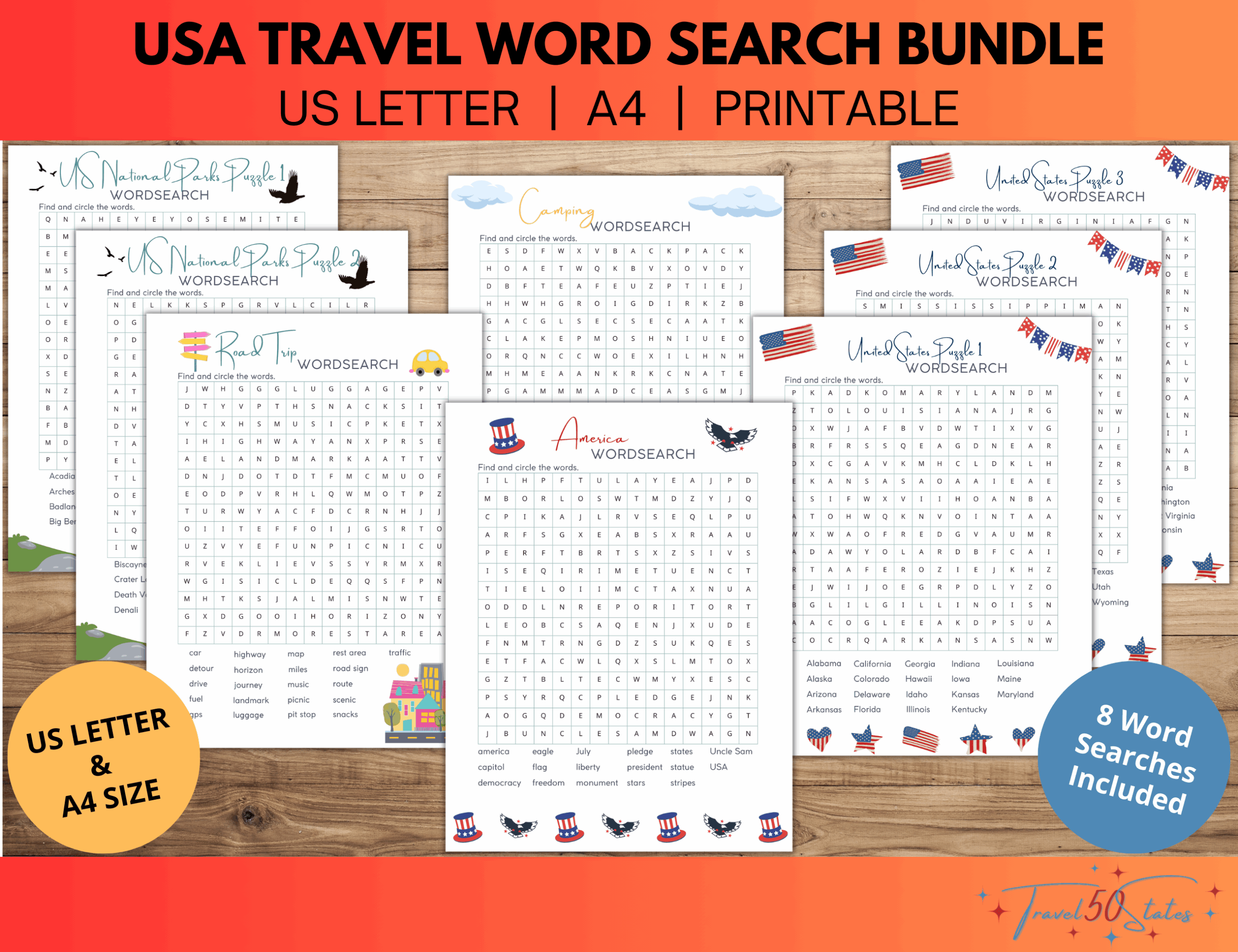 USA Travel Word Search Printable Bundle