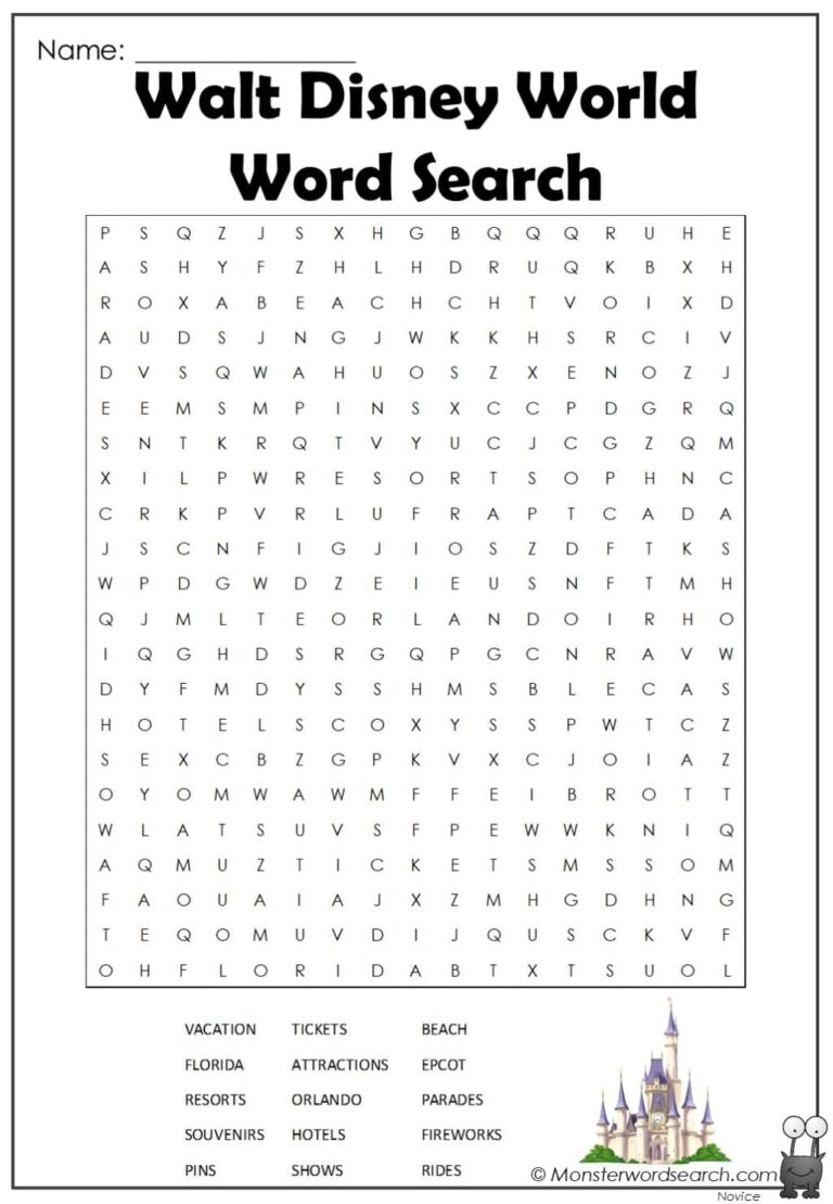 Walt Disney World Word Search Monster Word Search