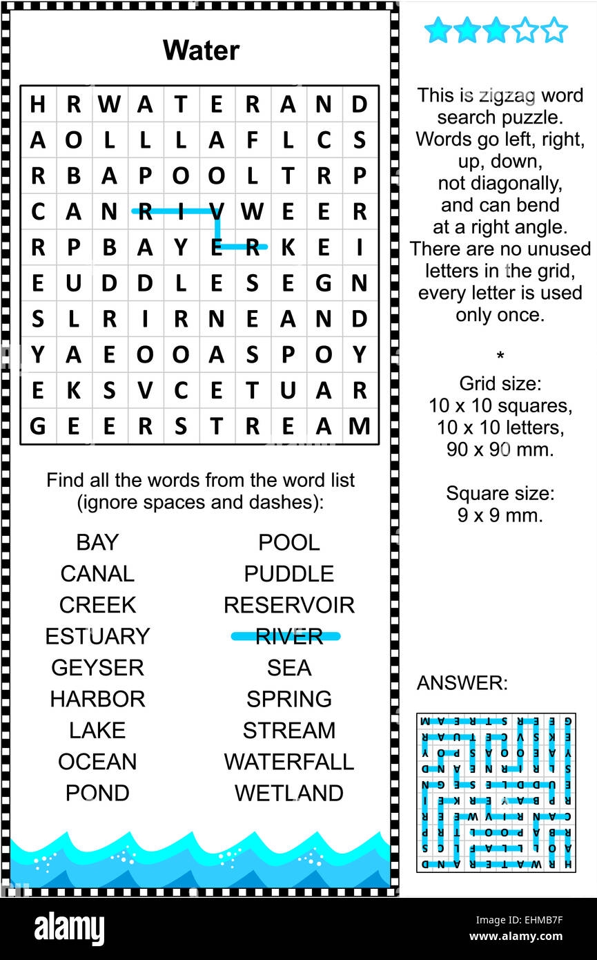 Water Themed Zigzag Word Search Puzzle suitable Both For Kids And 