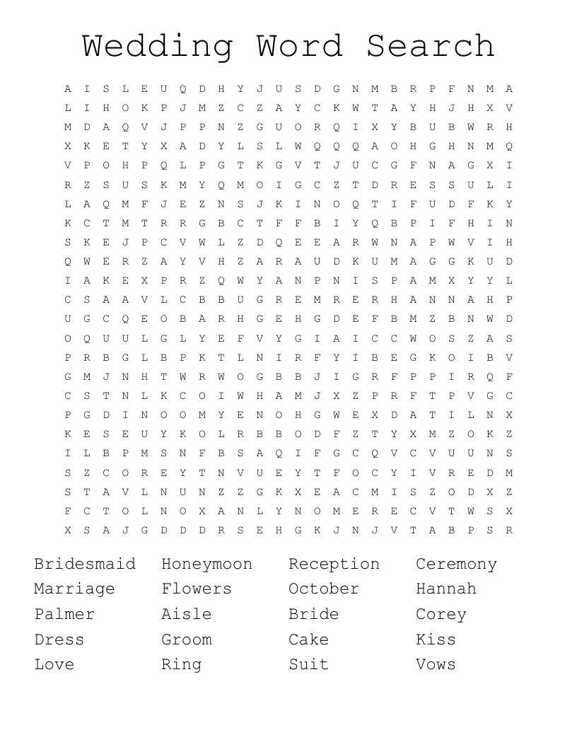 Bridal Word Search Free Printable