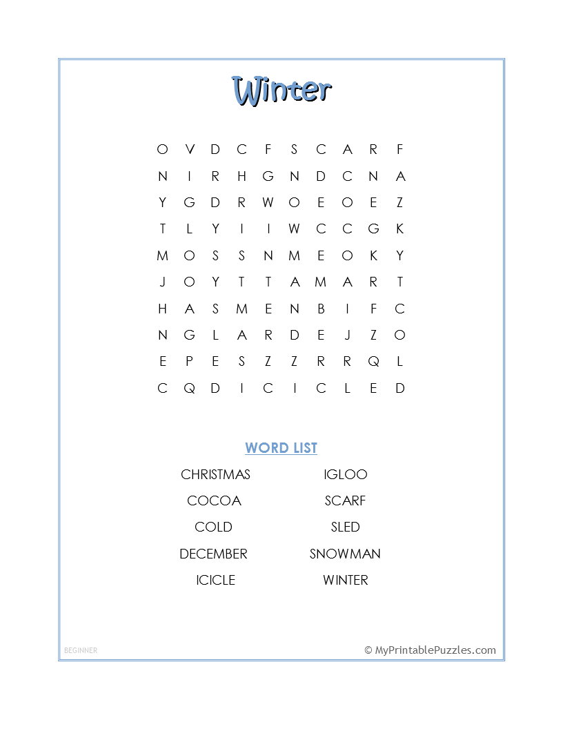 Winter Word Search Beginner My Printable Puzzles