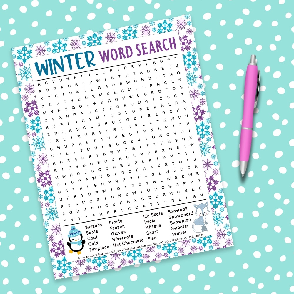 Free Printable Kids Winter Word Search