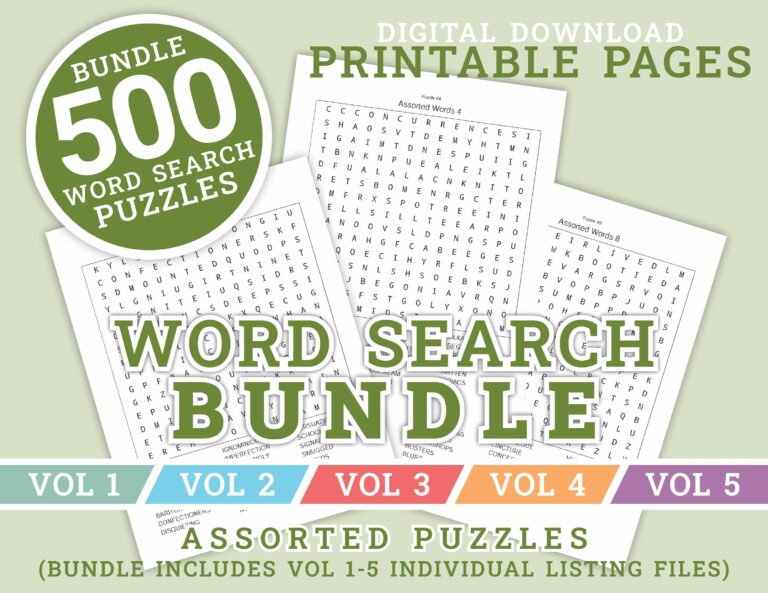 Word Search Bundle VOLUME 1 5 BUNDLE 500 Printable Puzzle Pages For Kids And Adults Digital Printable Pages Instant Download PDF Etsy