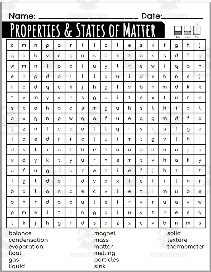 Word Search Properties And States Of Matter By Teach Simple