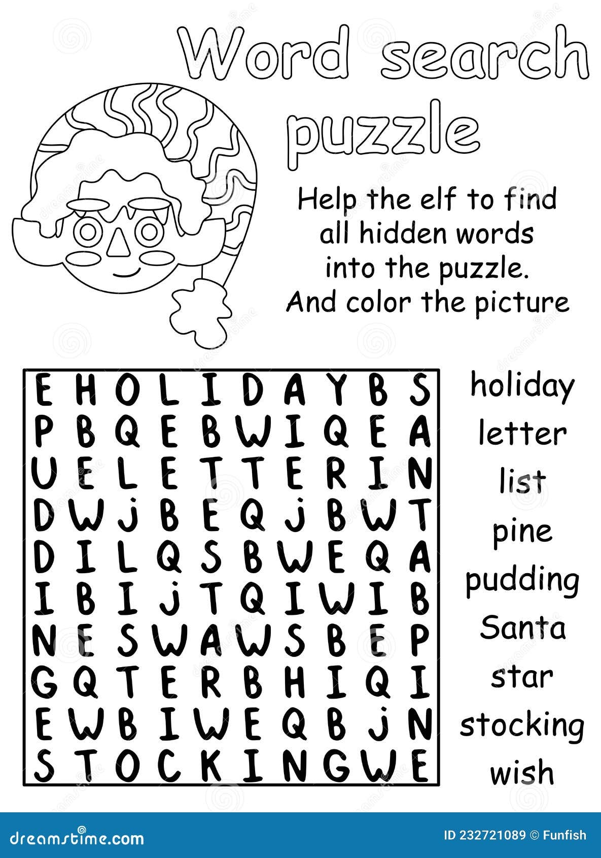 Word Search Puzzle With Little Cartoon Elf Black And White Activity Page For Kids Vector Illustration Funny Educational Stock Vector Illustration Of Game List 232721089