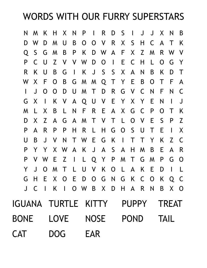 WORDS WITH OUR FURRY SUPERSTARS Word Search WordMint