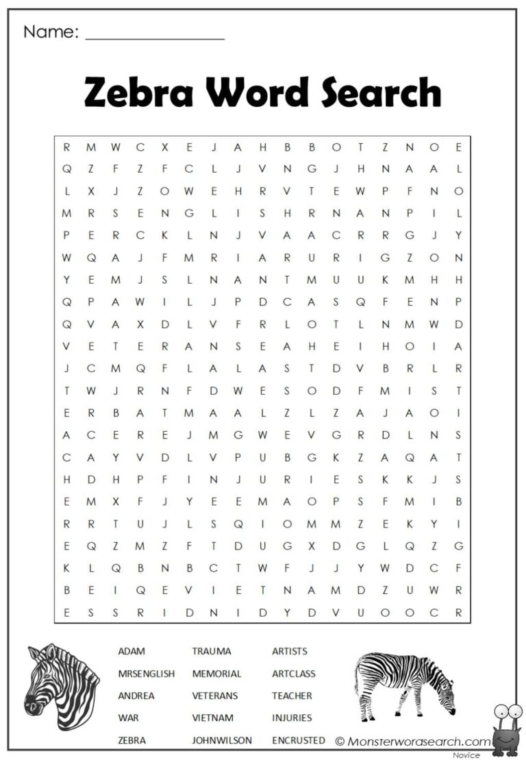 Zebra Word Search Monster Word Search