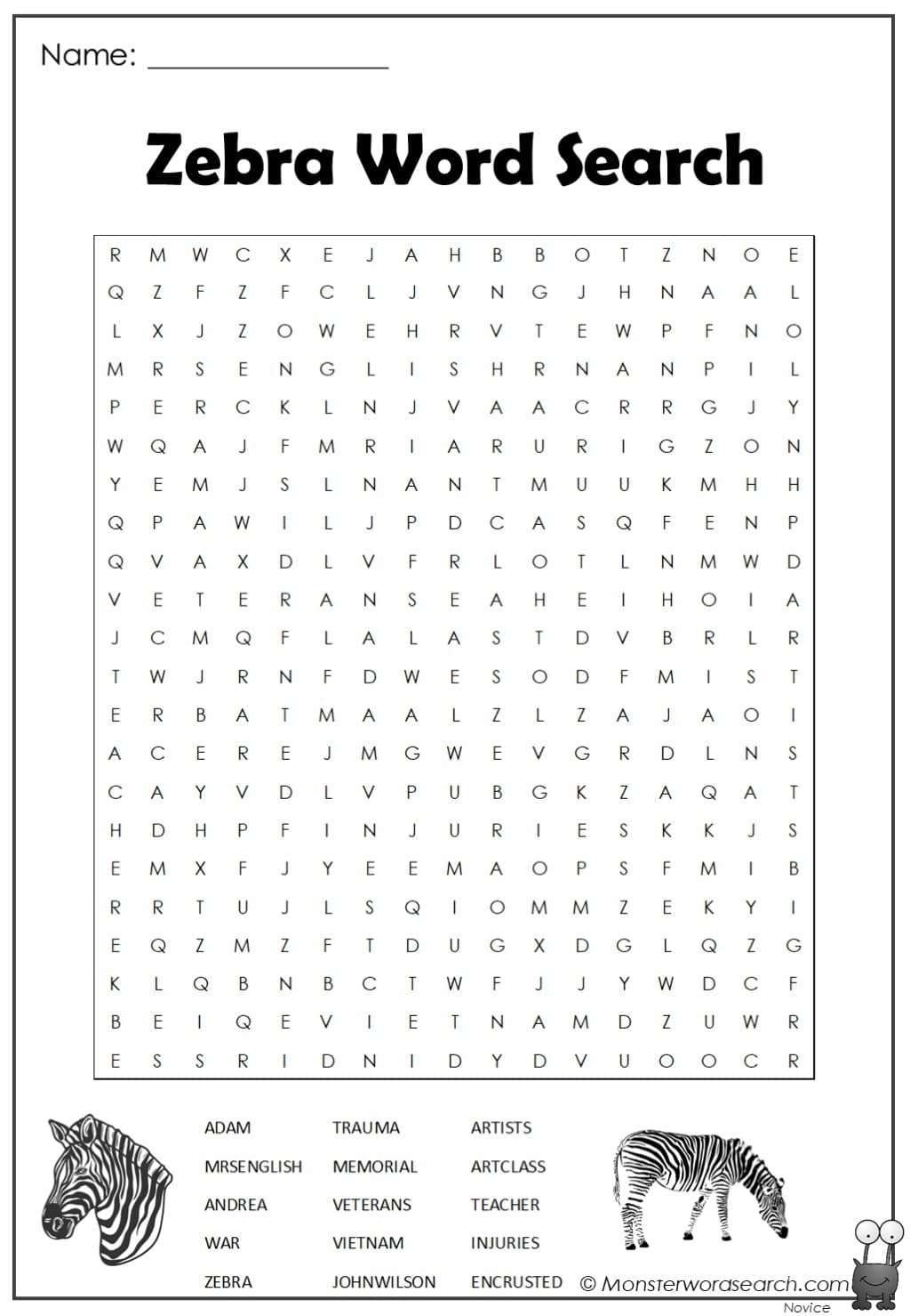 Zebra Word Search Monster Word Search